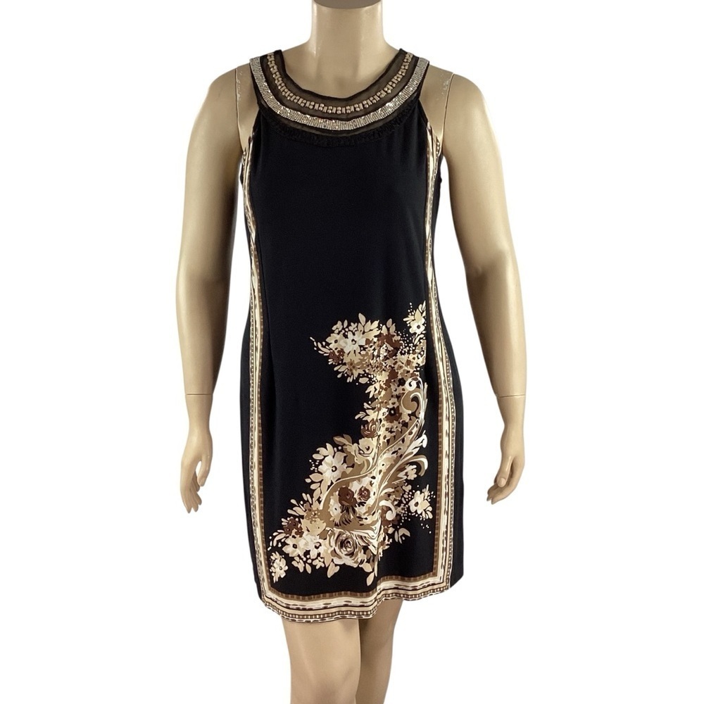 Dressbarn Black Beaded Neck Floral Print Shift Dress Size 16